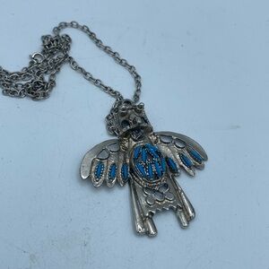 VTG silvertone faux turquoise Kachina tribal doll southwestern pendant necklace